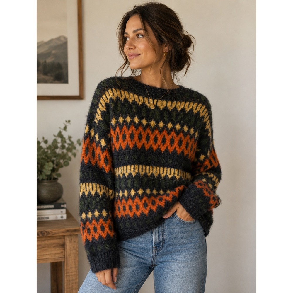 VTG Handknitted Norway 100% Wool Fair Isle Sweater‎ Womens Small Orange Green